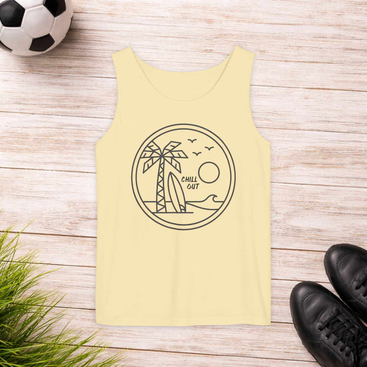 Chill Out Palm Beach Tank Top — Minimal Surf Circle Graphic
