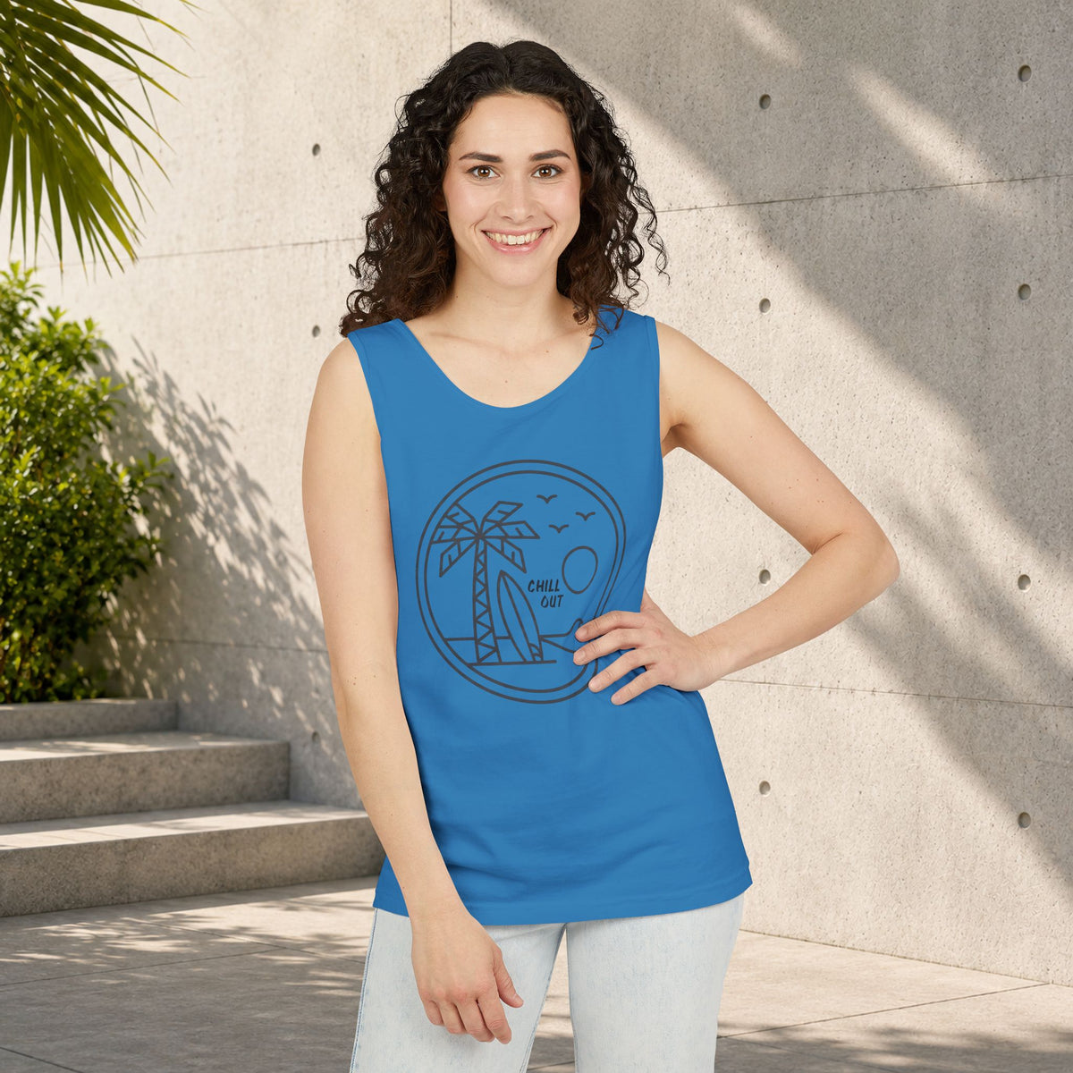 Chill Out Palm Beach Tank Top — Minimal Surf Circle Graphic