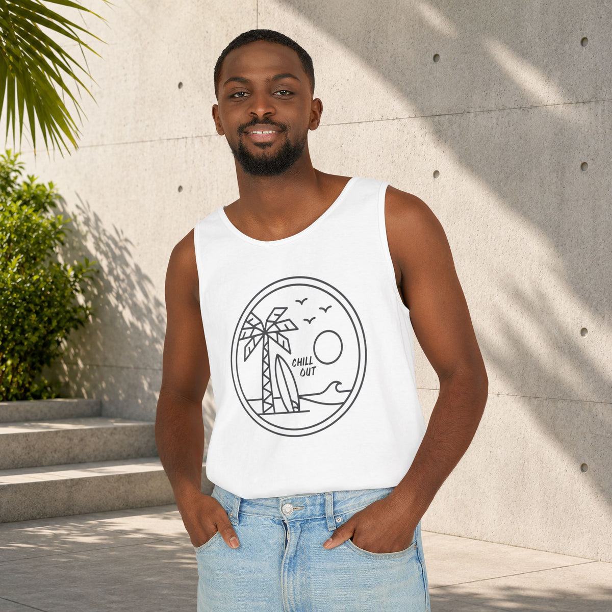 Chill Out Palm Beach Tank Top — Minimal Surf Circle Graphic