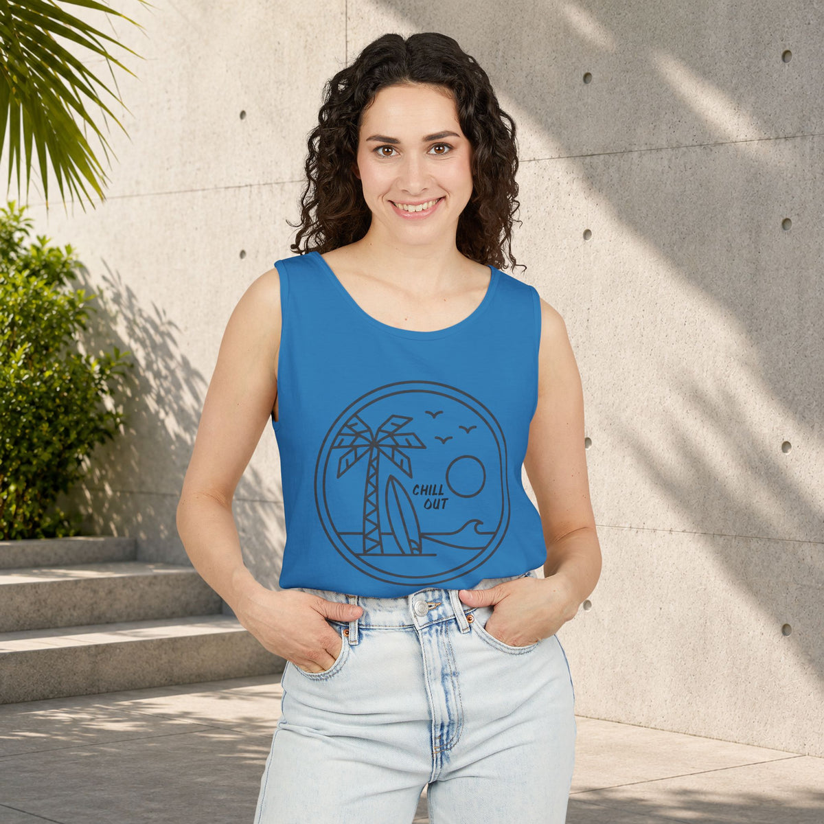 Chill Out Palm Beach Tank Top — Minimal Surf Circle Graphic