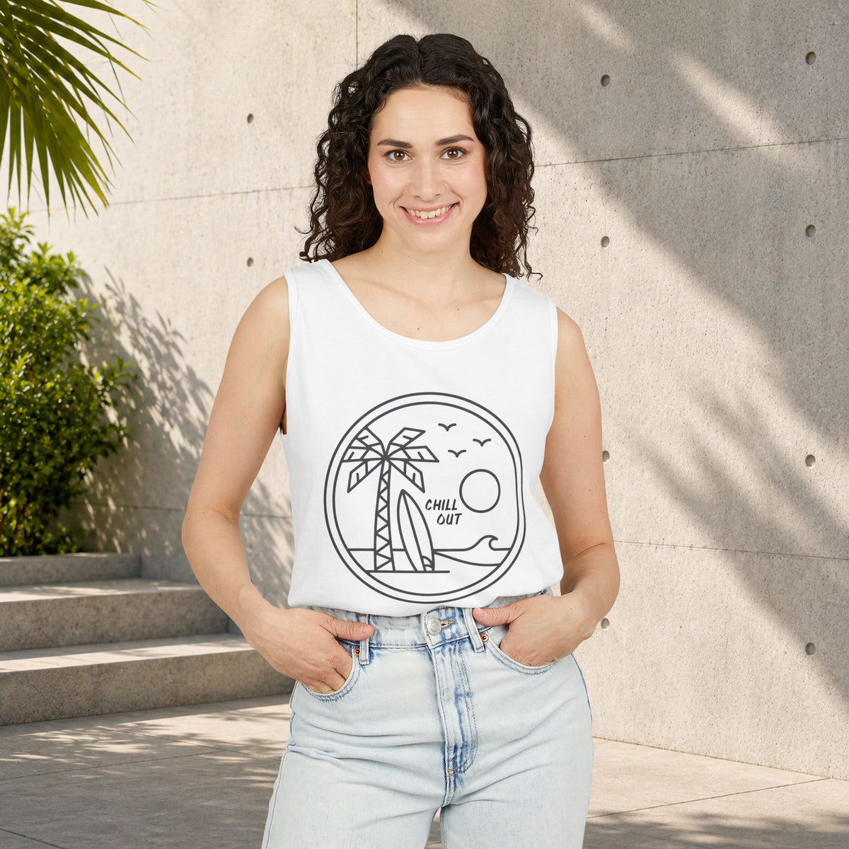 Chill Out Palm Beach Tank Top — Minimal Surf Circle Graphic