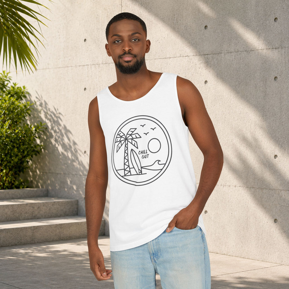 Chill Out Palm Beach Tank Top — Minimal Surf Circle Graphic